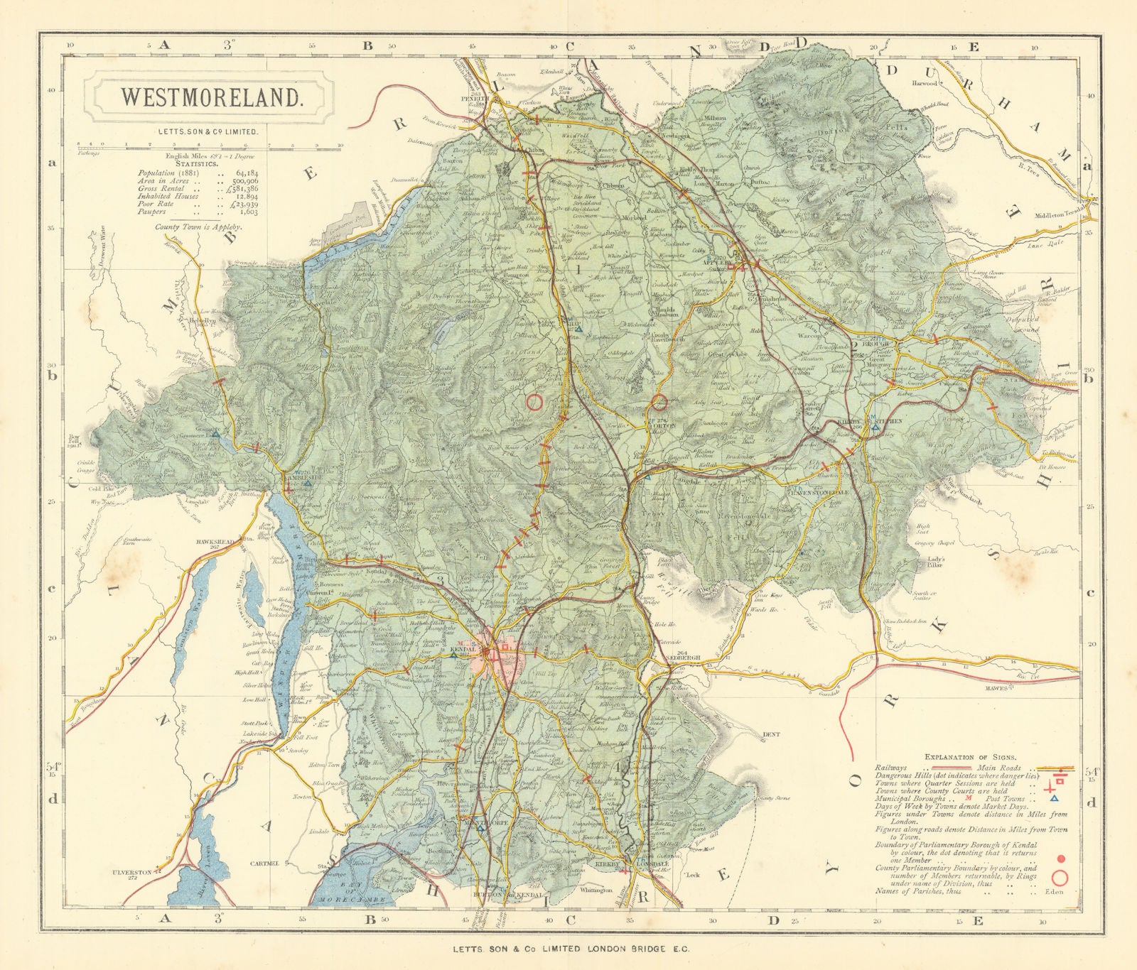 Westmoreland county map showing Post Towns & Market Days. LETTS 1884 old